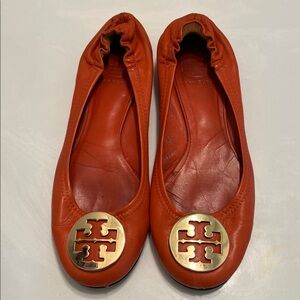 Tory Burch Red-Orange Leather Logo Ballet Flats